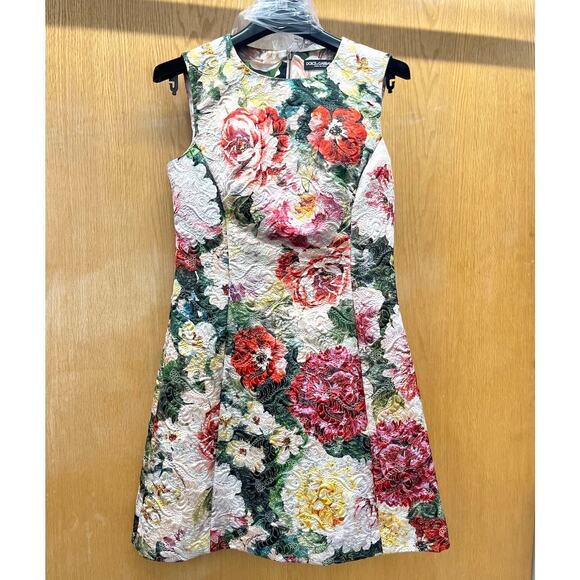 NWT DOLCE & GABBANA Metallic Floral-Print Cotton-Blend Brocade Mini Dress 42 M - Picture 10 of 14